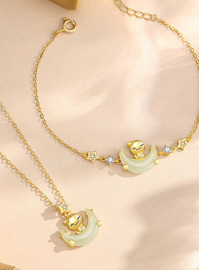 原创新款月亮船萌蛇和田玉项链s925纯银时尚清新百搭锁骨链批发