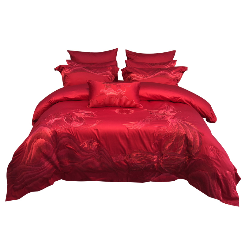 高端140支匹马棉刺绣四件套全棉大红色婚庆陪嫁结婚被套新婚床品,淘宝优惠券,粉丝福利购,淘宝优惠卷