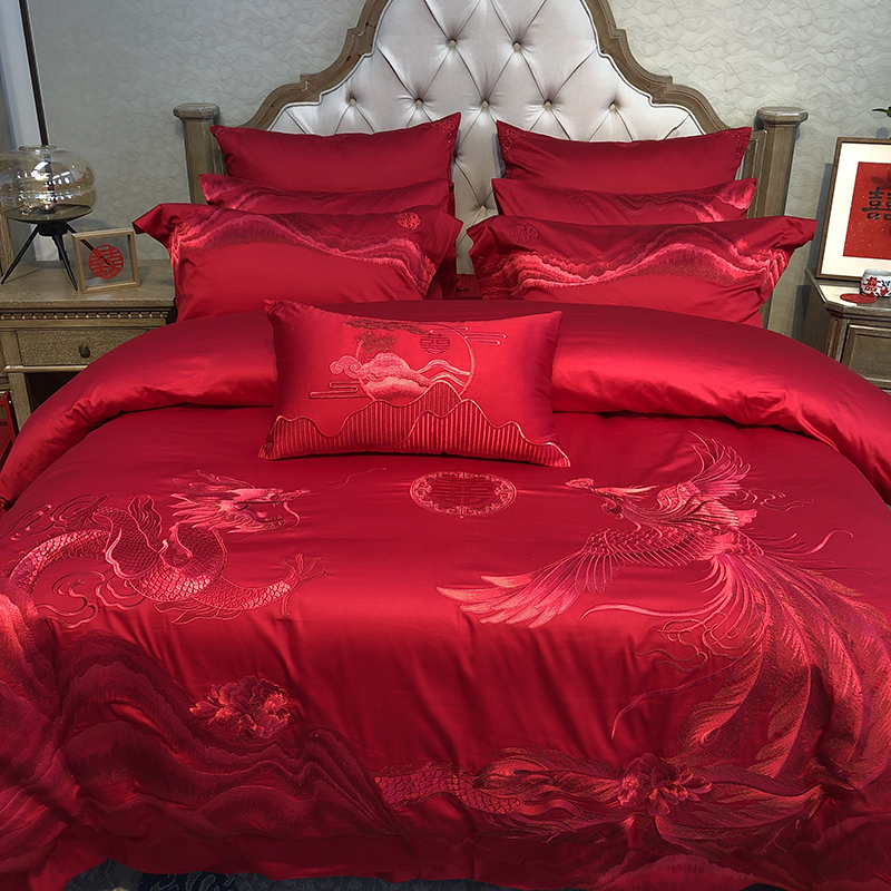 高端140支匹马棉刺绣四件套全棉大红色婚庆陪嫁结婚被套新婚床品,淘宝优惠券,粉丝福利购,淘宝优惠卷