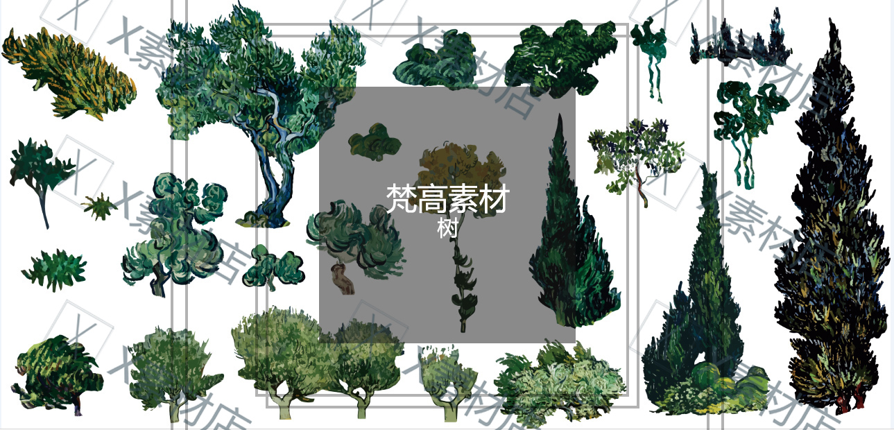 PNG/AI格式梵高花卉树木人物配景插画油画素材＜自动发货＞-图0