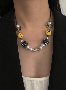 骰子骷髅笑脸珍珠项链男女潮酷ins风嘻哈街头拼接小众设计锁骨链