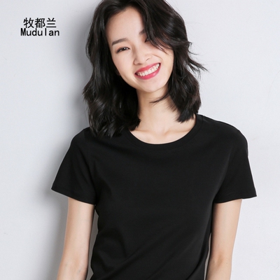 牧都兰正肩纯棉T恤女韩版打底圆领2025修身显瘦自带腰线纯色上衣