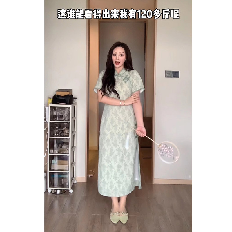 【欣怡微胖定制】旗袍连衣裙女2022年夏中长款设计感收腰显瘦裙子-图1