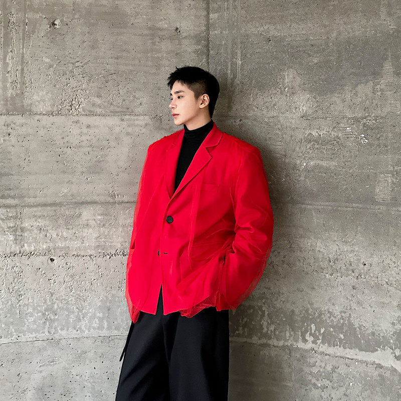 小众设计师双层网纱拼接红色西服外套男气质雅痞高级感演出舞台装,淘宝优惠券,粉丝福利购,淘宝优惠卷