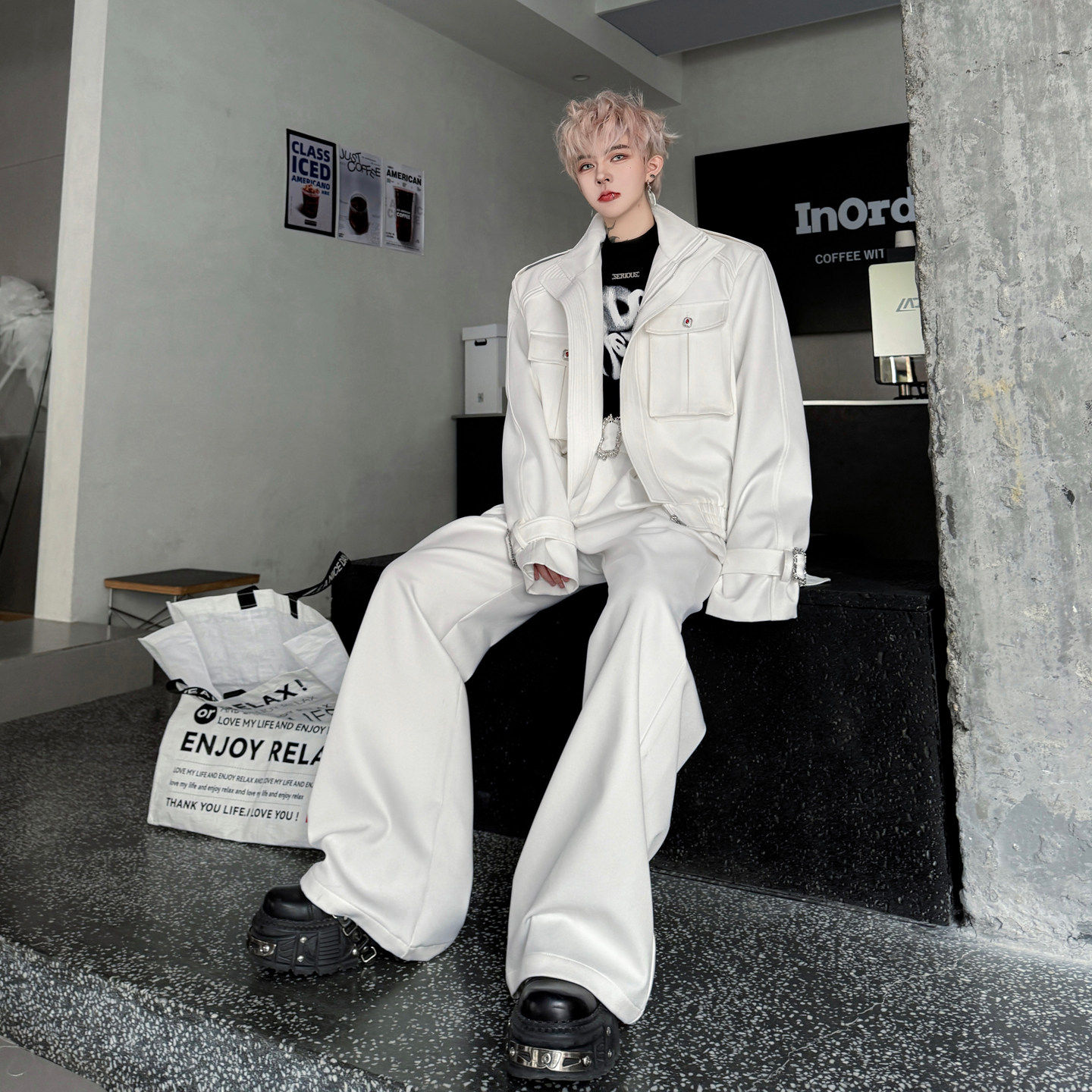 2026春装暗黑系立领口袋工装夹克套装男高级感痞帅阔腿长裤两件套,淘宝优惠券,粉丝福利购,淘宝优惠卷