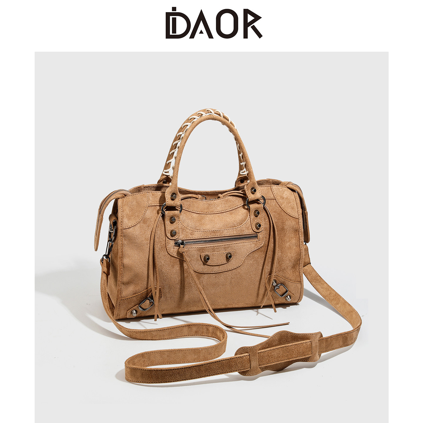 DAOR麂皮绒托特包女lecity铆钉机车包大容量复古手提包单肩斜挎包,淘宝优惠券,粉丝福利购,淘宝优惠卷