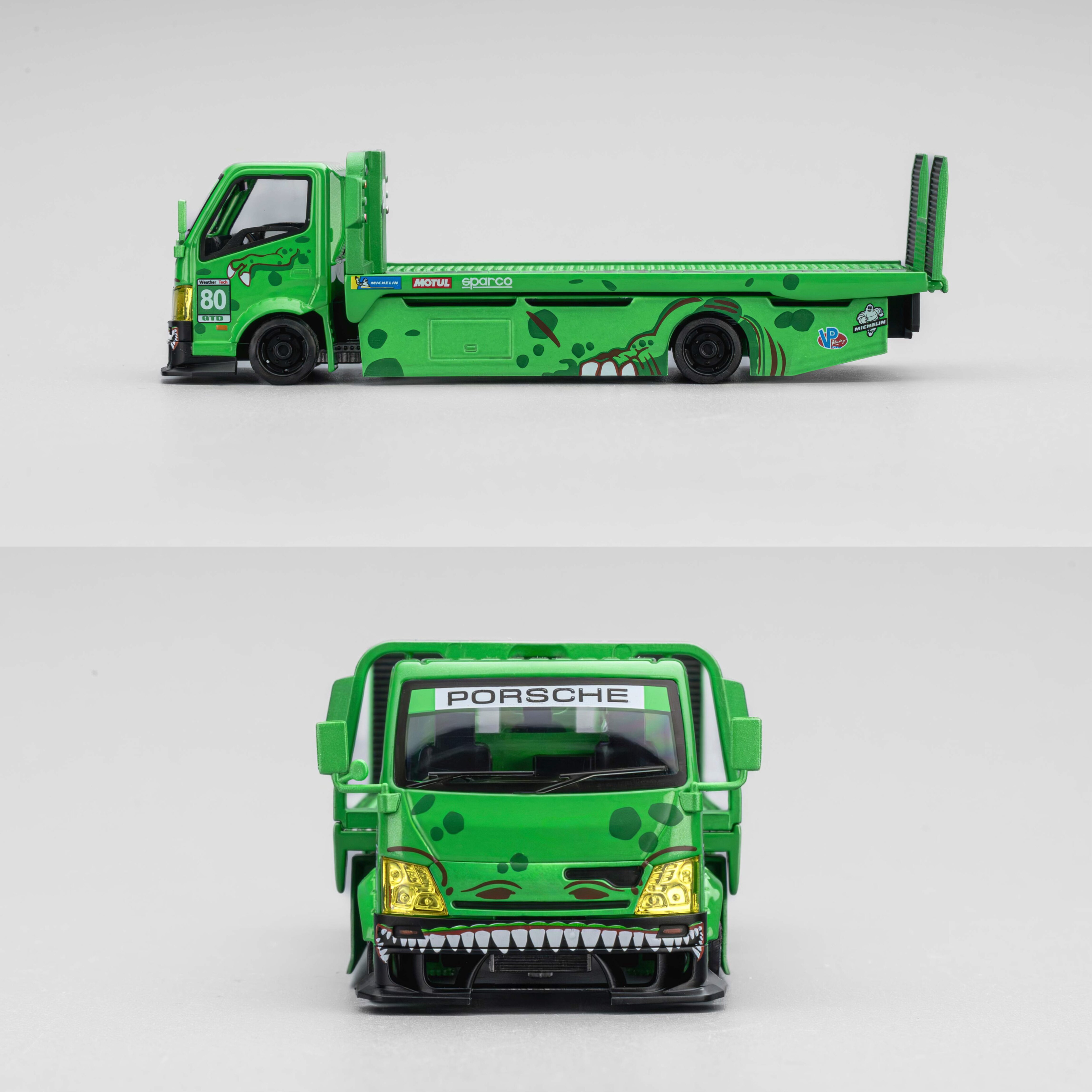 定 Micro Turbo MT 1:64 全落地平板改装拖车绿恐龙涂装 合金车模 - 图2