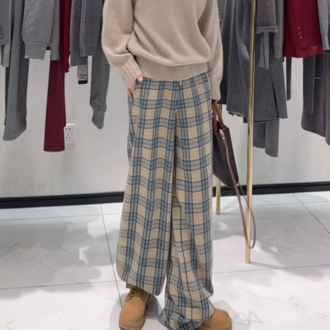 文艺风蓝色格纹加绒厚实抽绳休闲卫裤冬季百搭显瘦宽松垂感阔腿裤,淘宝优惠券,粉丝福利购,淘宝优惠卷