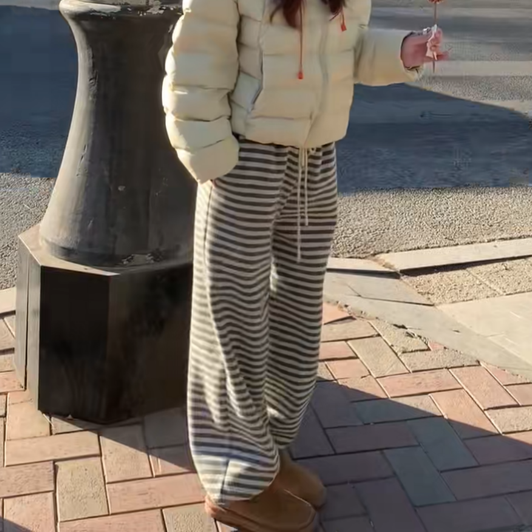 黑白条纹厚实加绒抽绳松紧腰束脚卫裤女冬季时尚百搭显瘦休闲裤子,淘宝优惠券,粉丝福利购,淘宝优惠卷