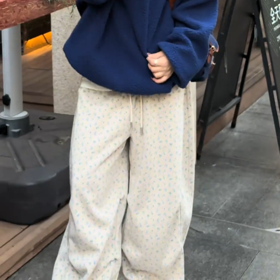 杏色碎花加绒抽绳松紧腰休闲卫裤女冬季新款时尚宽松显瘦阔腿长裤,淘宝优惠券,粉丝福利购,淘宝优惠卷