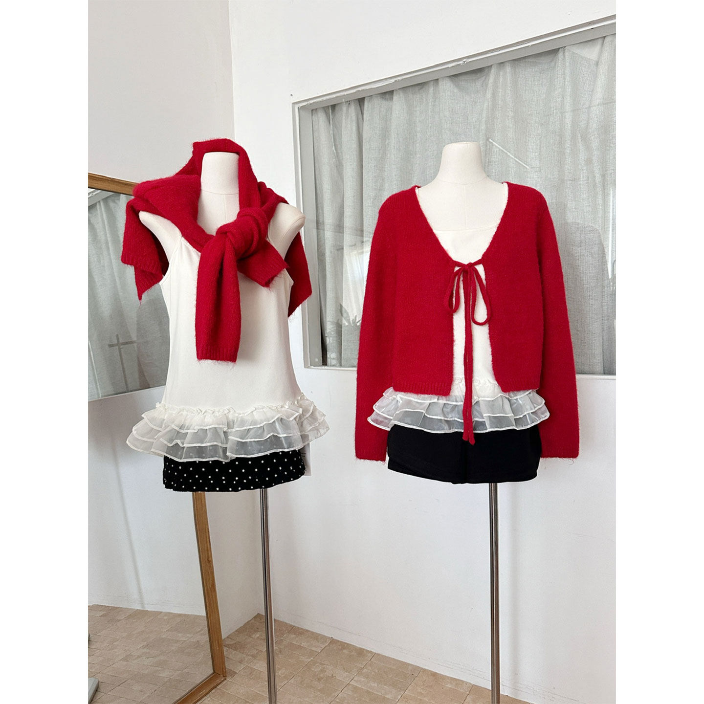 韩系氛围感红色毛衣针织开衫内搭磨毛荷叶边打底吊带春季两件套装,淘宝优惠券,粉丝福利购,淘宝优惠卷