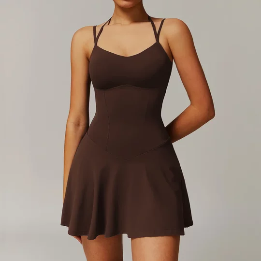 Summer suspender dress for women's pocket base anti-exposure A-line short skirt running sports tennis skirt fake two-piece pants