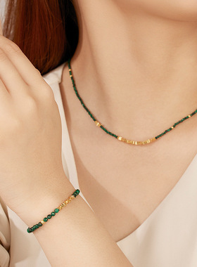 小红薯天然孔雀石S925纯银项链女法式复古串珠叠带锁骨链高级颈链