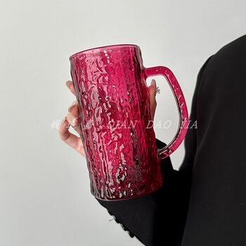 Ins style rose red with handle bark pattern glass cup simple-looking high-looking water cup beer cup ຈອກແກ້ວຄວາມຈຸຂະຫນາດໃຫຍ່