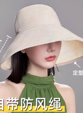 25春夏/超大灯罩草帽环绕女系带大檐透气帽子可扎马尾遮脸太阳帽