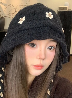 复古红色花朵针织帽秋冬麻花保暖包头帽流苏绑带护耳显脸小毛线帽