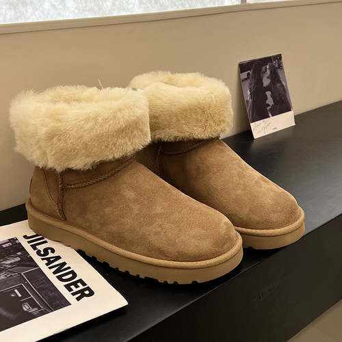 河南桑坡冬季雪地靴女冬加绒加厚真皮保暖皮毛一体中筒一粒扣棉鞋 - 图0