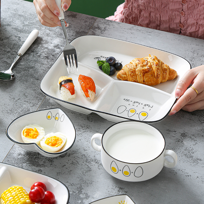 陶瓷分格餐盘加深可微波分餐盘子减脂大人三格餐具家用儿童分隔盘-图1
