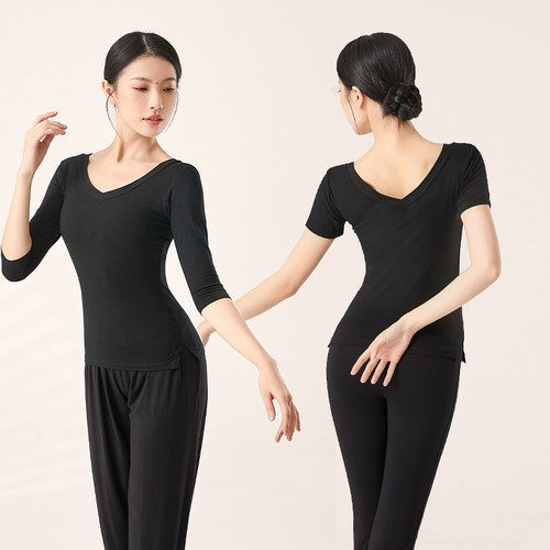 V领舞蹈老师练功服成人形体训练服套装女显瘦现代舞中国舞莫代尔 - 图3