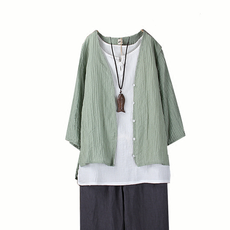 韩索依 夏季新款棉麻七分袖防晒衣女款亚麻短