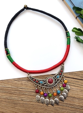 手工复古民族风刺绣流苏短款项圈女百搭个性铃铛颈链演出表演项链