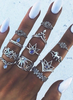 欧美复古风组合戒指套装波西米亚度假风金属水晶指环混搭个性尾戒