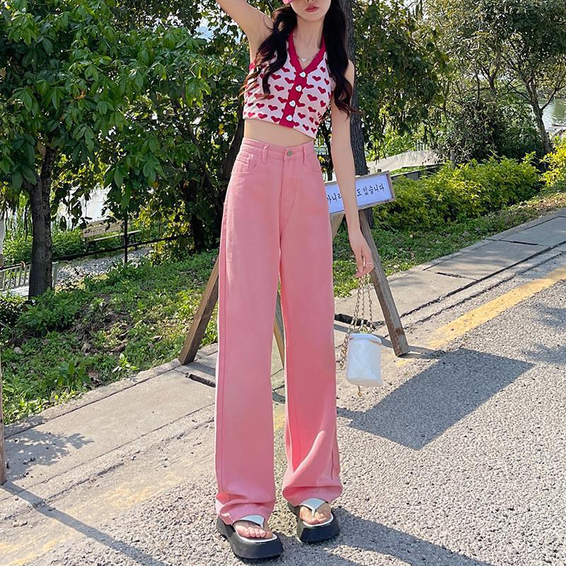 粉色阔腿牛仔裤女直筒宽松薄款高腰显瘦加长彩色垂感裤子 - 图0