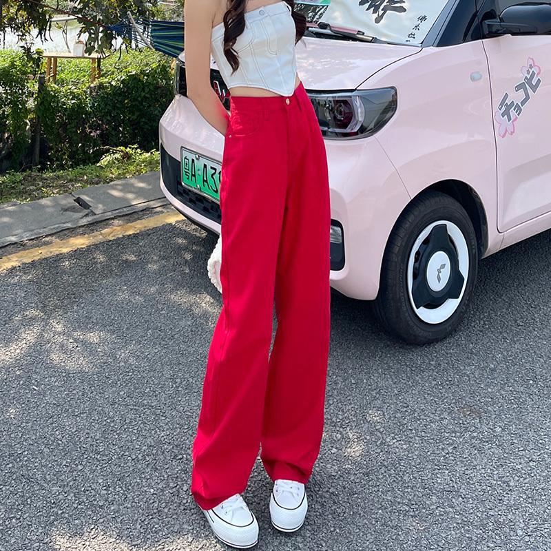 粉色阔腿牛仔裤女直筒宽松薄款高腰显瘦加长彩色垂感裤子 - 图1