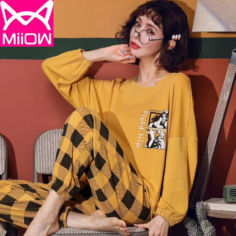 miiow猫人鑫盛阳专卖店猫人睡衣女长袖纯棉套装春秋冬韩版情侣可爱宽松全棉可外穿家居服0