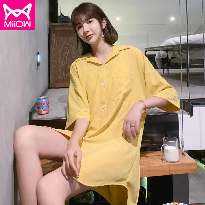 miiow猫人鑫盛阳专卖店MiiOW/猫人卡通睡裙女士短袖薄款大码衬衫韩版连衣裙可爱夏季睡衣0