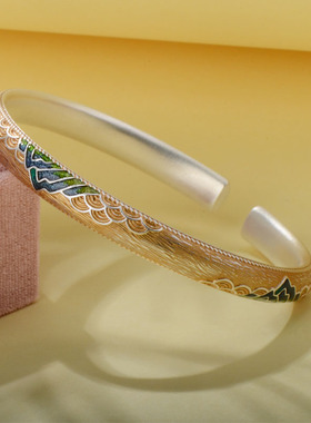纯银千里江山珐琅描金国风银镯