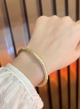 纯银唐草纹描金手镯实心开口银镯