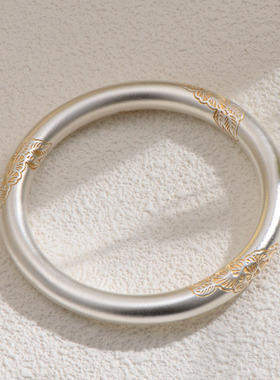 纯银繁花描金闭口空心浮雕银镯女