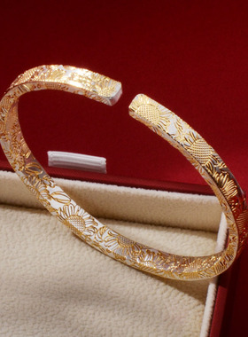 纯银向日葵描金手镯实心开口银镯