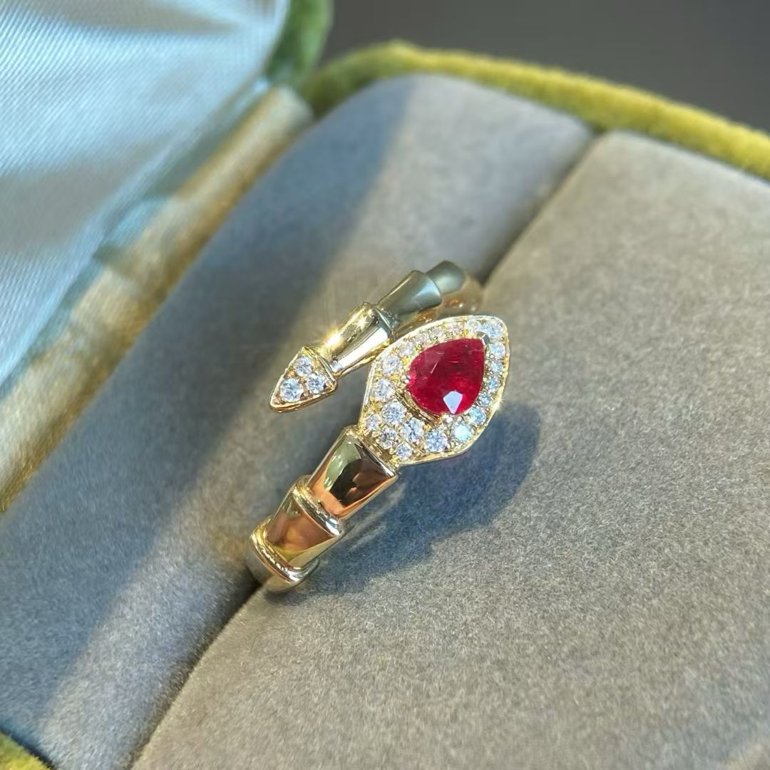 复古蛇戒红宝石36分鸽血红18k厚金镶嵌钻石11分高级大气 GRC证书 - 图1