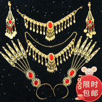 Indian dance table performance accessories head decoration red Pearl necklace belly leather dance Pendant Coin Precious Diamond Earrings Bracelet