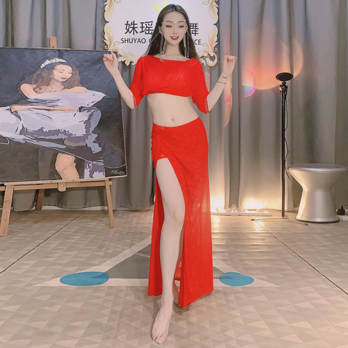 肚皮舞2024夏季新款练功服性感烫钻水纱套装东方舞演出表演服 - 图2