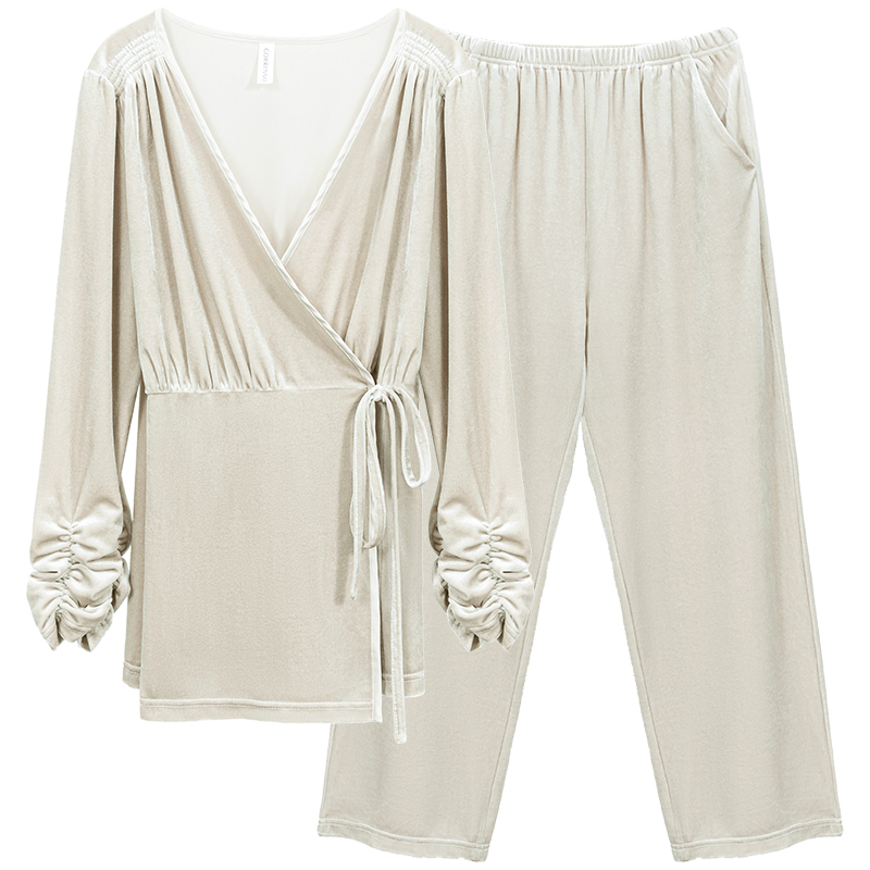 歌力诺旗舰店歌力诺金丝绒睡衣女冬加绒加厚套装年新款舒适居家休闲家居服0