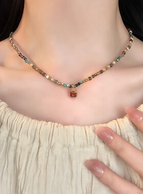 复古彩色串珠项链女款小众锁骨链