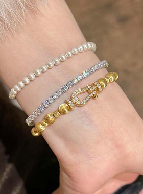 银色爆闪马蹄扣猫眼珠手链女