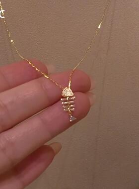 爆闪满钻金色鱼骨项链锁骨链