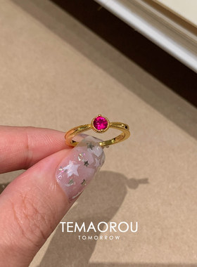 复古圆形红宝闪钻金色细款戒指女