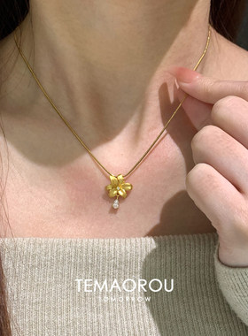 金色拉丝百合花水滴闪钻项链女