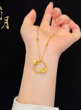 沙金花环玫瑰花吊坠项链女时尚气质轻奢百搭镂空设计锁骨项链饰品