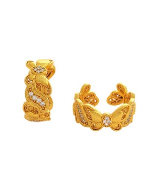 久不掉色沙金镶嵌钻石蝴蝶花纹戒指点钻蝴蝶花漾开口戒中式送女友