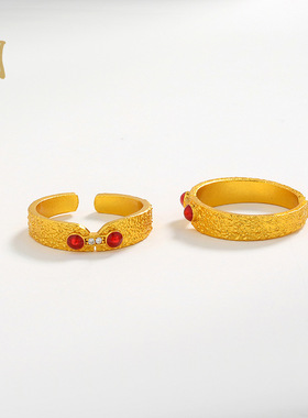 沙金锤纹红宝镶锆戒指开口可调节情侣对戒新中式复古简约指环饰品