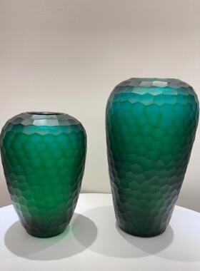 手工玻璃摹刻绿色复古花瓶摆件