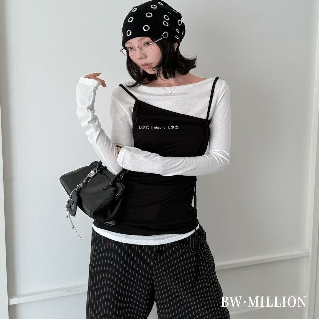 L少女 纸片人穿搭！时髦拼接斜肩长袖T恤女秋季修身露肩显瘦上衣,淘宝优惠券,粉丝福利购,淘宝优惠卷