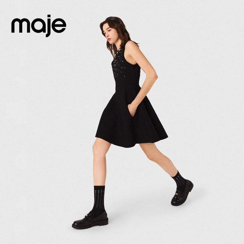 Maje2025秋冬新款女装法式时尚领口仿钻装饰无袖短款针织连衣裙,淘宝优惠券,粉丝福利购,淘宝优惠卷