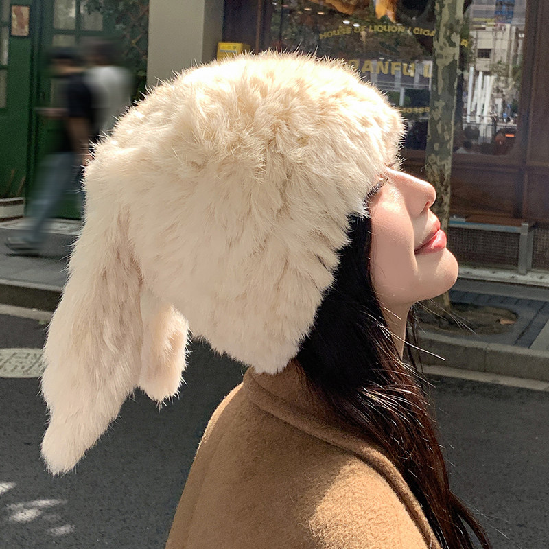 兔毛帽子可爱兔耳朵毛毛帽子保暖防寒帽显脸小护耳帽包头帽毛线帽,淘宝优惠券,粉丝福利购,淘宝优惠卷
